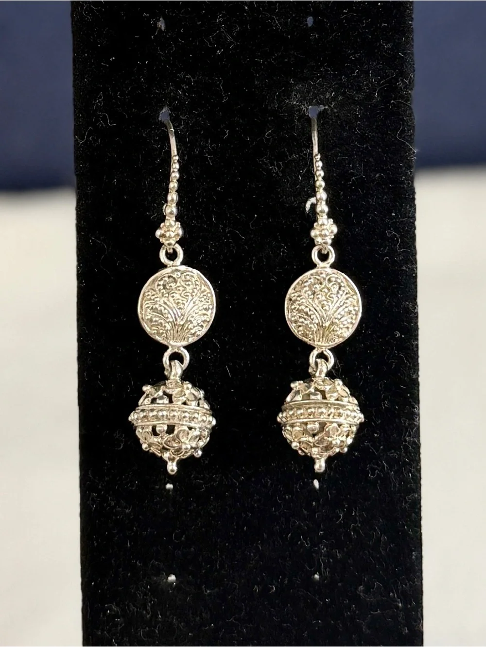 SARDA Bali Sterling Silver Globe Ball Ornate Filigree Drop Dangle Hook Earrings